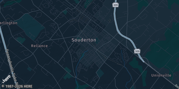 Map of Souderton, PA. The exact address of Perseverance Volunteer Fire Company of Souderton is not known, so the map shows the area rather than a specific building.