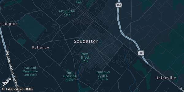 Map of Souderton, PA. The exact address of Perseverance Volunteer Fire Company of Souderton is not known, so the map shows the area rather than a specific building.