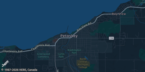 Map of Petoskey, MI. The exact address of Odawa Casino is not known, so the map shows the area rather than a specific building.
