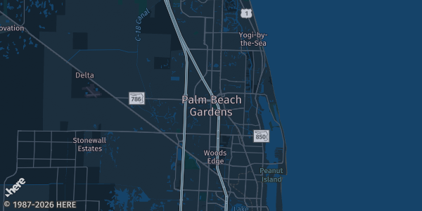Map of Palm Beach Gardens, FL. The exact address of Burns Road Community Center is not known, so the map shows the area rather than a specific building.