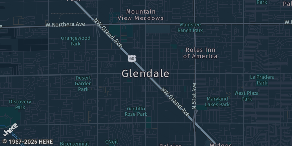 Map of Glendale, AZ. The exact address of Renaissance Phoenix Glendale Hotel & Conference Center is not known, so the map shows the area rather than a specific building.