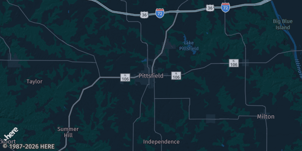 Map of Pittsfield, IL. The exact address of The Studio Nikki's Dance Company is not known, so the map shows the area rather than a specific building.