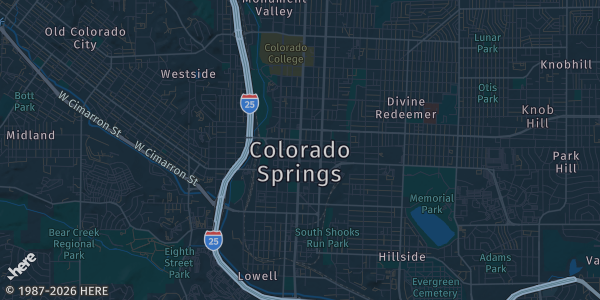 Map of Colorado Springs, CO. The exact address of Norris Penrose Event Center is not known, so the map shows the area rather than a specific building.
