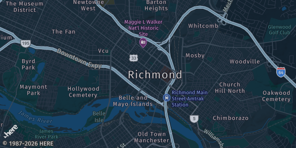 Map of Richmond, VA. The exact address of Stony Point Fashion Park is not known, so the map shows the area rather than a specific building.