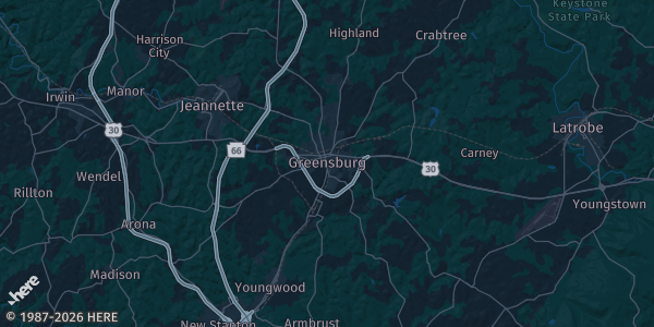 Map of Greensburg, PA. The exact address of this venue is not known, so the map shows the area rather than a specific building.