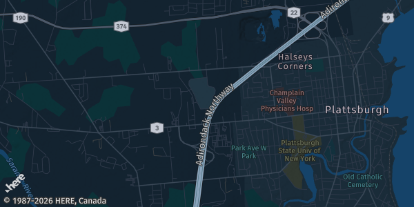 Map of Plattsburgh, NY. The exact address of Champlain Centre Mall is not known, so the map shows the area rather than a specific building.