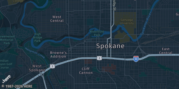 Map of Spokane, WA. The exact address of Spokane Convention Center - Room 100A is not known, so the map shows the area rather than a specific building.