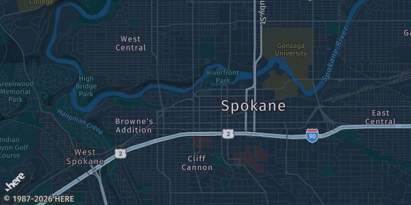 Map of Spokane, WA. The exact address of Spokane Convention Center is not known, so the map shows the area rather than a specific building.