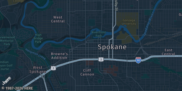 Map of Spokane, WA. The exact address of Spokane Convention Center is not known, so the map shows the area rather than a specific building.