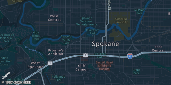 Map of Spokane, WA. The exact address of Spokane Convention Center is not known, so the map shows the area rather than a specific building.
