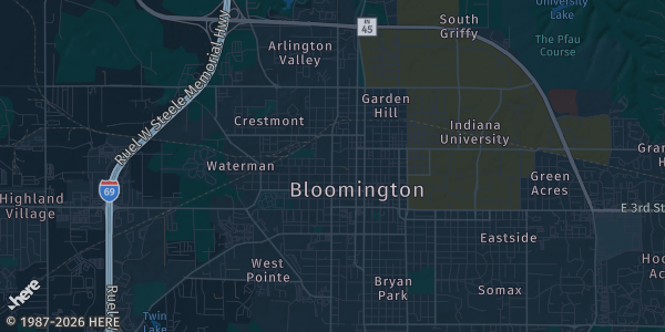 Map of Bloomington, IN. The exact address of Monroe county fairgrounds is not known, so the map shows the area rather than a specific building.