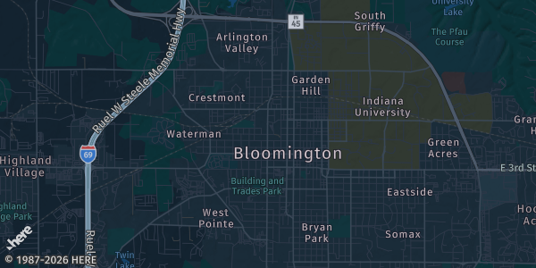 Map of Bloomington, IN. The exact address of Monroe county fairgrounds is not known, so the map shows the area rather than a specific building.