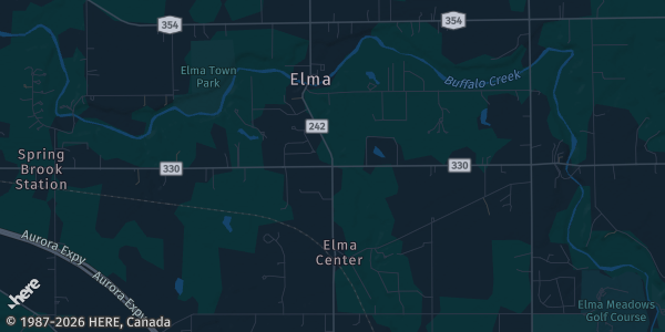 Map of Elma, NY. The exact address of Sahlen's Sports Park is not known, so the map shows the area rather than a specific building.