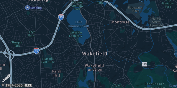 Map of Wakefield, MA. The exact address of Wakefield Memorial High School is not known, so the map shows the area rather than a specific building.