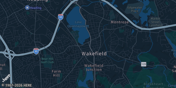 Map of Wakefield, MA. The exact address of Wakefield Memorial High School is not known, so the map shows the area rather than a specific building.