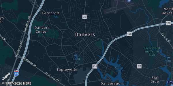 Map of Danvers, MA. The exact address of Danvers Indoor Sports is not known, so the map shows the area rather than a specific building.