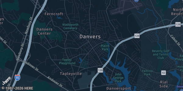 Map of Danvers, MA. The exact address of Danvers Indoor Sports is not known, so the map shows the area rather than a specific building.