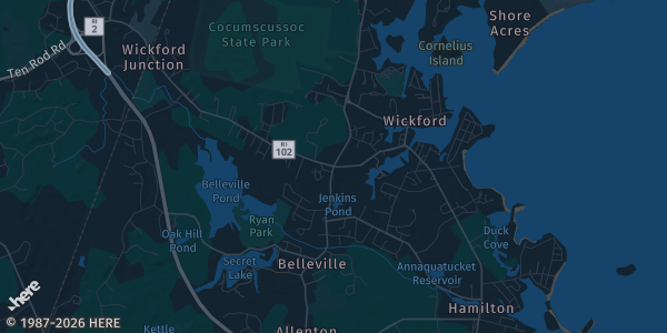 Map of North Kingstown, RI. The exact address of Wide World of Indoor Sports is not known, so the map shows the area rather than a specific building.