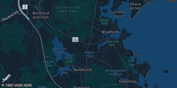 Map of North Kingstown, RI. The exact address of Wide World of Indoor Sports is not known, so the map shows the area rather than a specific building.