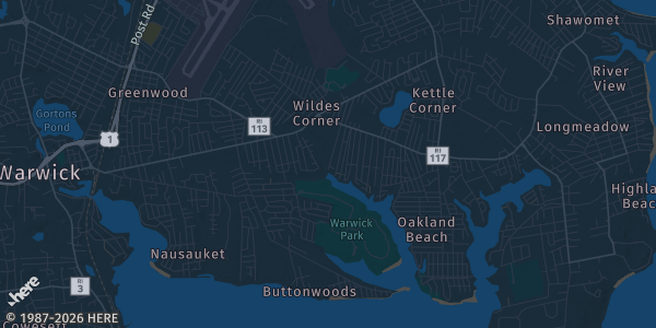 Map of Warwick, RI. The exact address of Teamworks Warwick is not known, so the map shows the area rather than a specific building.