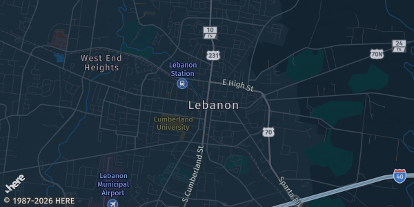 Map of Lebanon, TN. The exact address of East Nashville Beer Works - Wilson County is not known, so the map shows the area rather than a specific building.