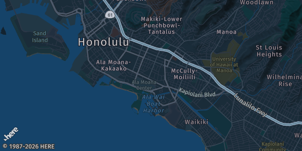 Map of Honolulu, HI. The exact address of Aya Golf Lounge is not known, so the map shows the area rather than a specific building.