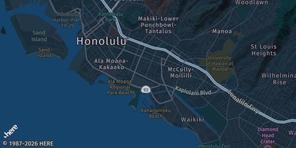 Map of Honolulu, HI. The exact address of Aya Golf Lounge is not known, so the map shows the area rather than a specific building.