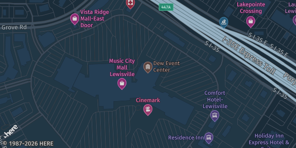 Map showing NTX Arena in Lewisville, TX.