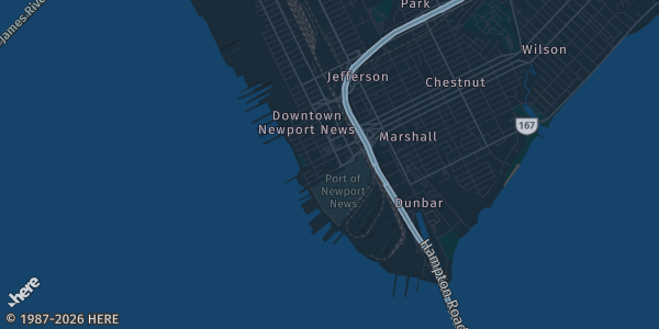 Map of Newport News, VA. The exact address of 757 Cards & Cabinets is not known, so the map shows the area rather than a specific building.