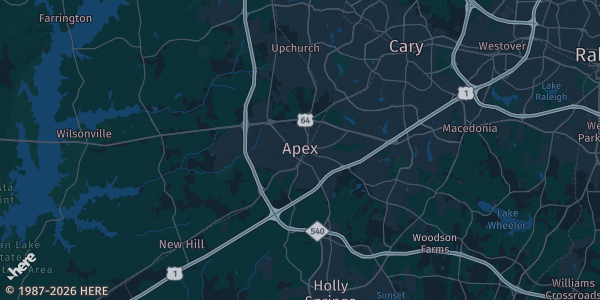 Map of Apex, NC. The exact address of Apex Senior Center is not known, so the map shows the area rather than a specific building.