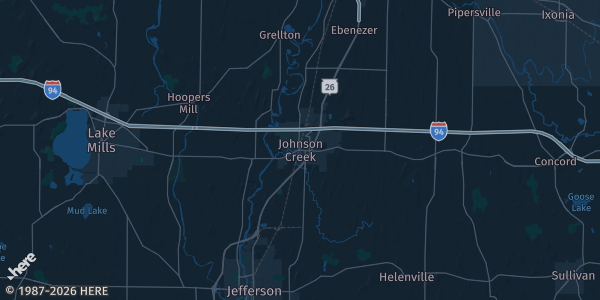 Map of Johnson Creek, WI. The exact address of Comfort Suites Conference Center is not known, so the map shows the area rather than a specific building.