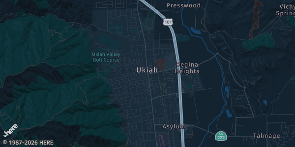 Map of Ukiah, CA. The exact address of Ukiah Valley Conference Center is not known, so the map shows the area rather than a specific building.