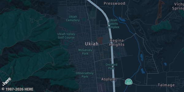 Map of Ukiah, CA. The exact address of Ukiah Valley Conference Center is not known, so the map shows the area rather than a specific building.