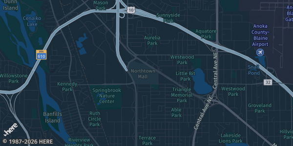 Map of Blaine, MN. The exact address of Northtown Mall is not known, so the map shows the area rather than a specific building.