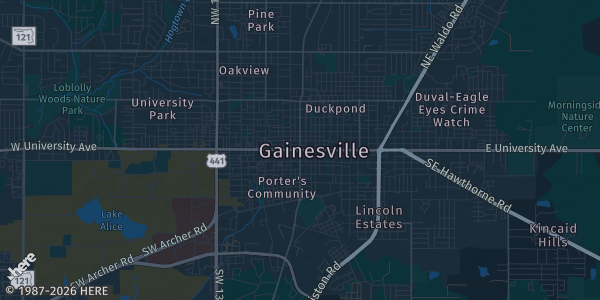 Map of Gainesville, FL. The exact address of The Nexus Collector Market is not known, so the map shows the area rather than a specific building.