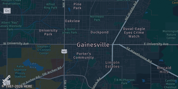 Map of Gainesville, FL. The exact address of The Nexus Collector Market is not known, so the map shows the area rather than a specific building.