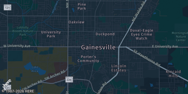 Map of Gainesville, FL. The exact address of The Nexus Collector Market is not known, so the map shows the area rather than a specific building.