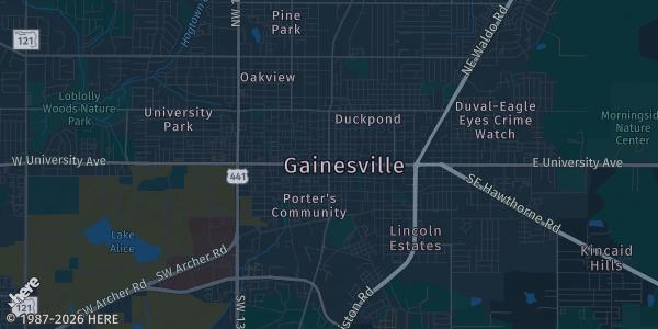 Map of Gainesville, FL. The exact address of The Nexus Collector Market is not known, so the map shows the area rather than a specific building.