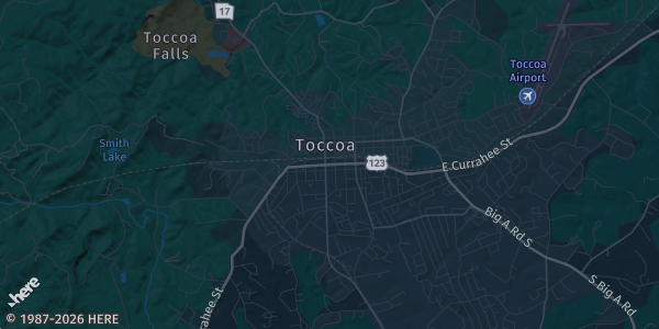Map of Toccoa, GA. The exact address of Stephens County Recreation Center is not known, so the map shows the area rather than a specific building.