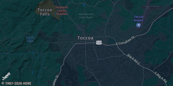 Map of Toccoa, GA. The exact address of Stephens County Recreation Center is not known, so the map shows the area rather than a specific building.