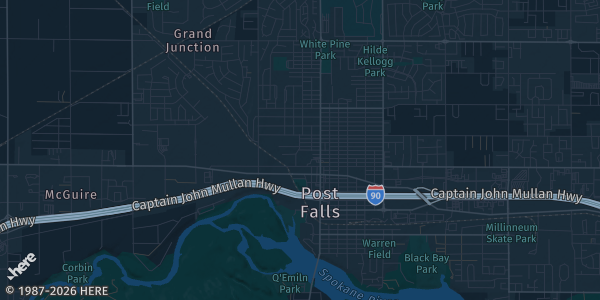 Map of Post Falls, ID. The exact address of Praire Athletic Center is not known, so the map shows the area rather than a specific building.