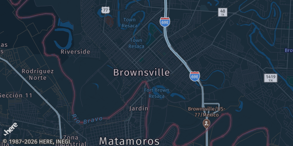 Map of Brownsville, TX. The exact address of Brownsville Sports Park Dome is not known, so the map shows the area rather than a specific building.