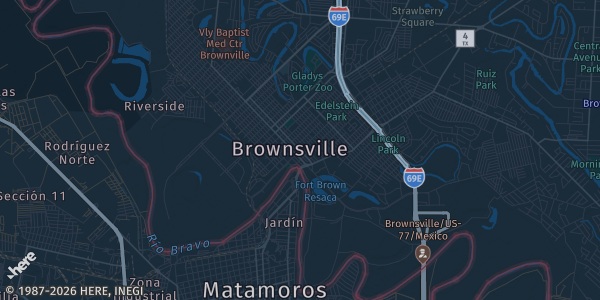 Map of Brownsville, TX. The exact address of Brownsville Sports Park Dome is not known, so the map shows the area rather than a specific building.