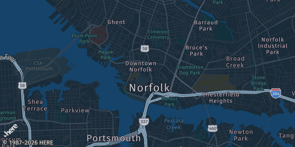 Map of Norfolk, VA. The exact address of PokeKon Fest is not known, so the map shows the area rather than a specific building.