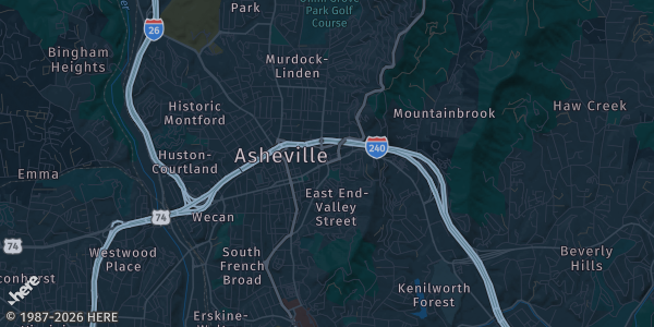 Map of Asheville, NC. The exact address of Holiday Inn Asheville - Biltmore West is not known, so the map shows the area rather than a specific building.
