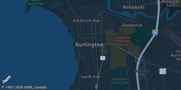 Map of Burlington, VT. The exact address of Hilton Doubletree Hotel is not known, so the map shows the area rather than a specific building.