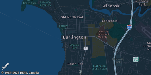 Map of Burlington, VT. The exact address of Hilton Doubletree Hotel is not known, so the map shows the area rather than a specific building.
