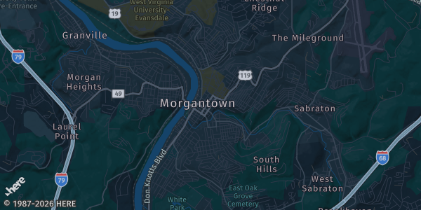 Map of Morgantown, WV. The exact address of Holiday Inn Hotel is not known, so the map shows the area rather than a specific building.