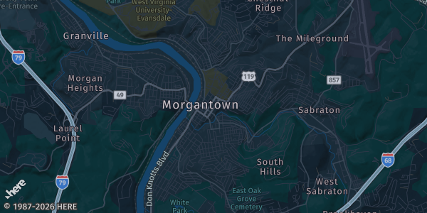 Map of Morgantown, WV. The exact address of Holiday Inn Hotel is not known, so the map shows the area rather than a specific building.