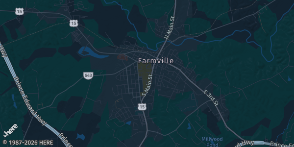 Map of Farmville, VA. The exact address of POKEKON-FEST \| ALL POKEMON SHOW is not known, so the map shows the area rather than a specific building.